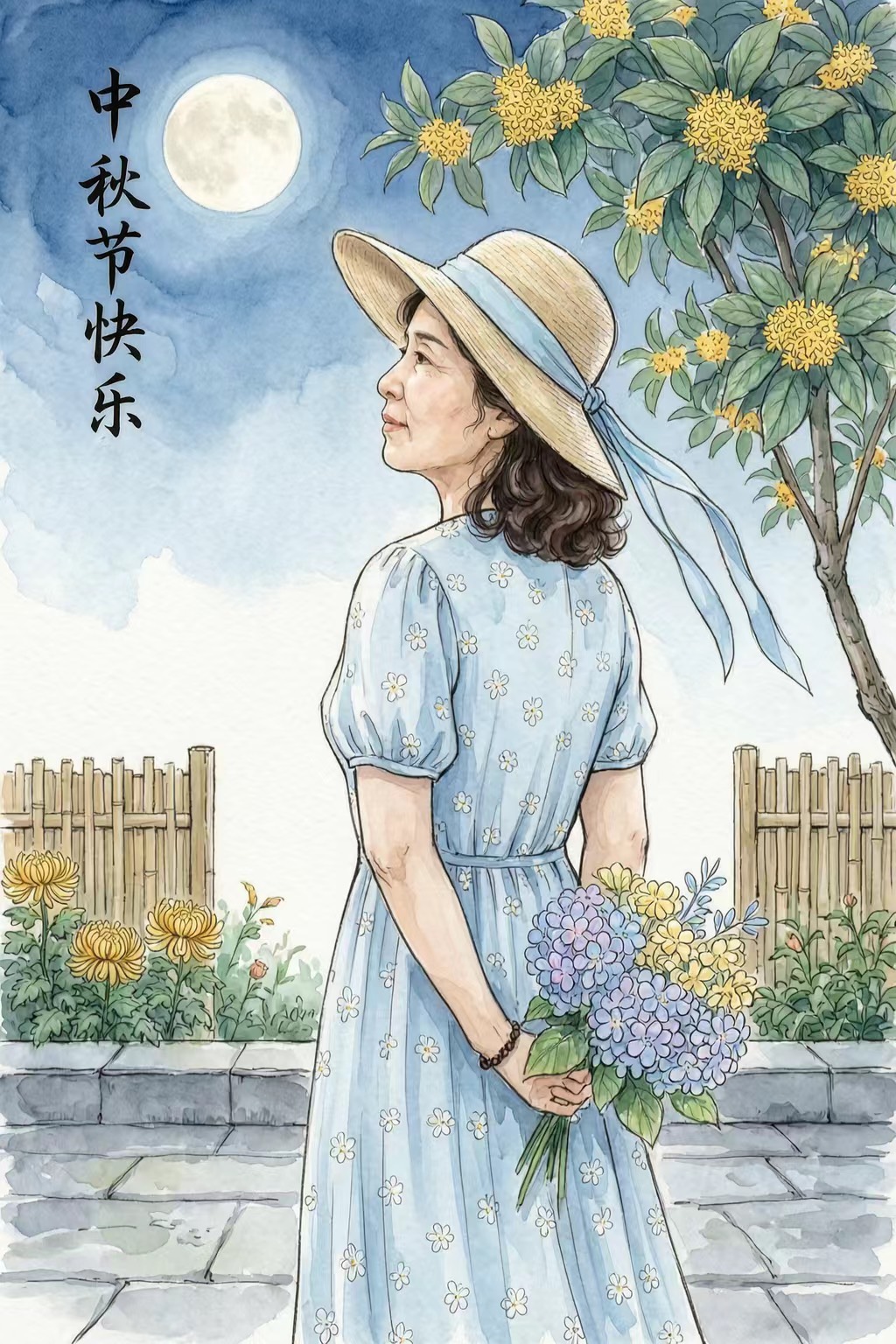 中秋水彩